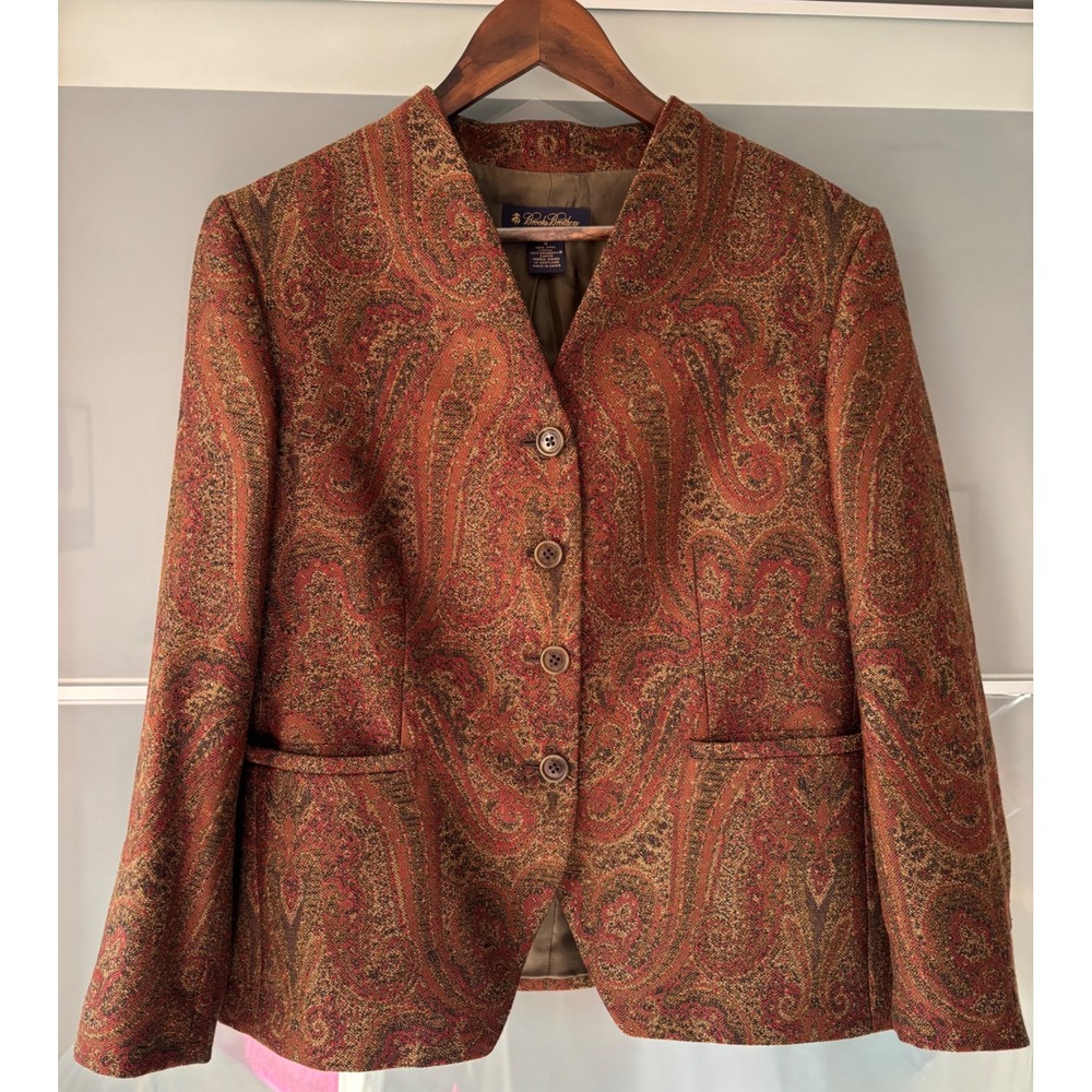 Brooks Brothers Women 12 Wool Paisley Blazer Jacket Brown Red Collarless Vintage